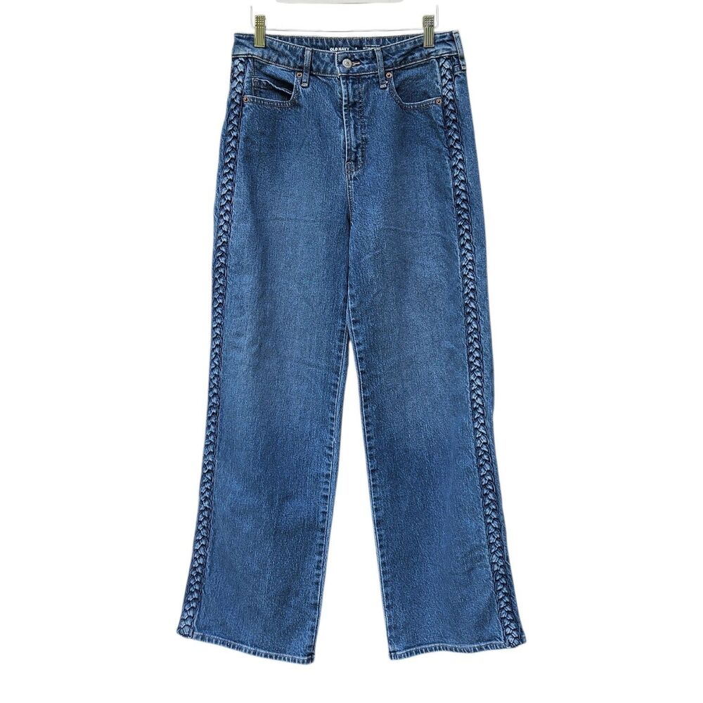 Old Navy Blue Jeans Womens 8 Sky-Hi Wide Leg Extra High Rise Stretch Side Braid